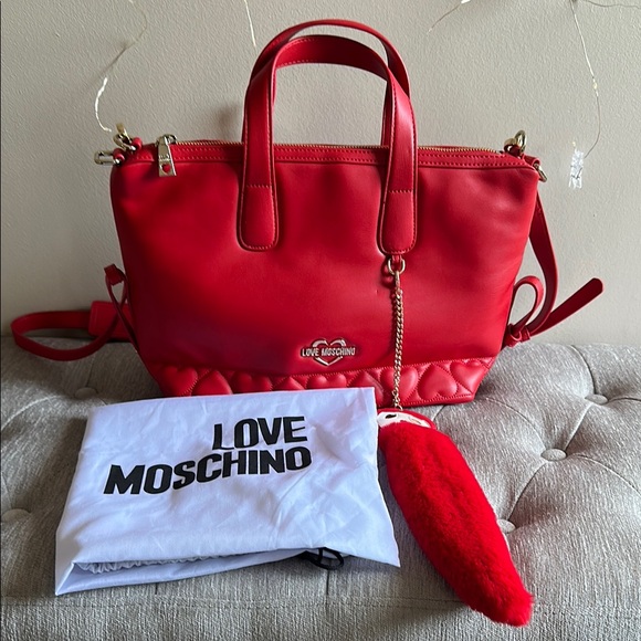 Love Moschino Italian Leather Red Leather Tote with Gold...